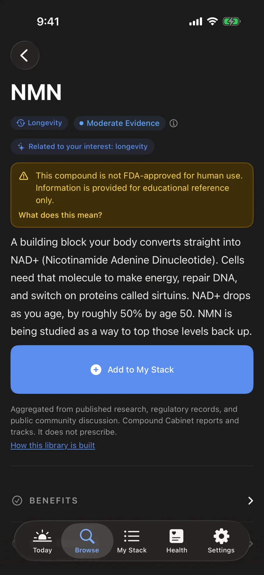 NMN entry with its evidence tier, a not FDA-approved notice, and a plain-language description of what NMN is