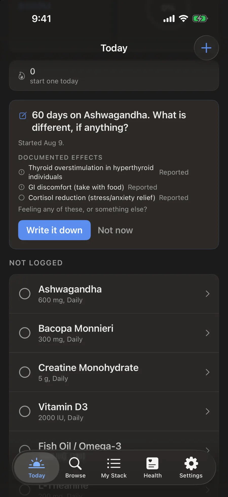 Journal prompt asking what is different after 60 days, with documented effects